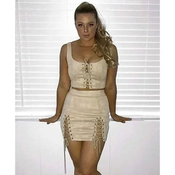 White Faux Suede High Waist Lace Up Corset Bodycon Stretch Short Mini Skirt - Picture 6 of 7